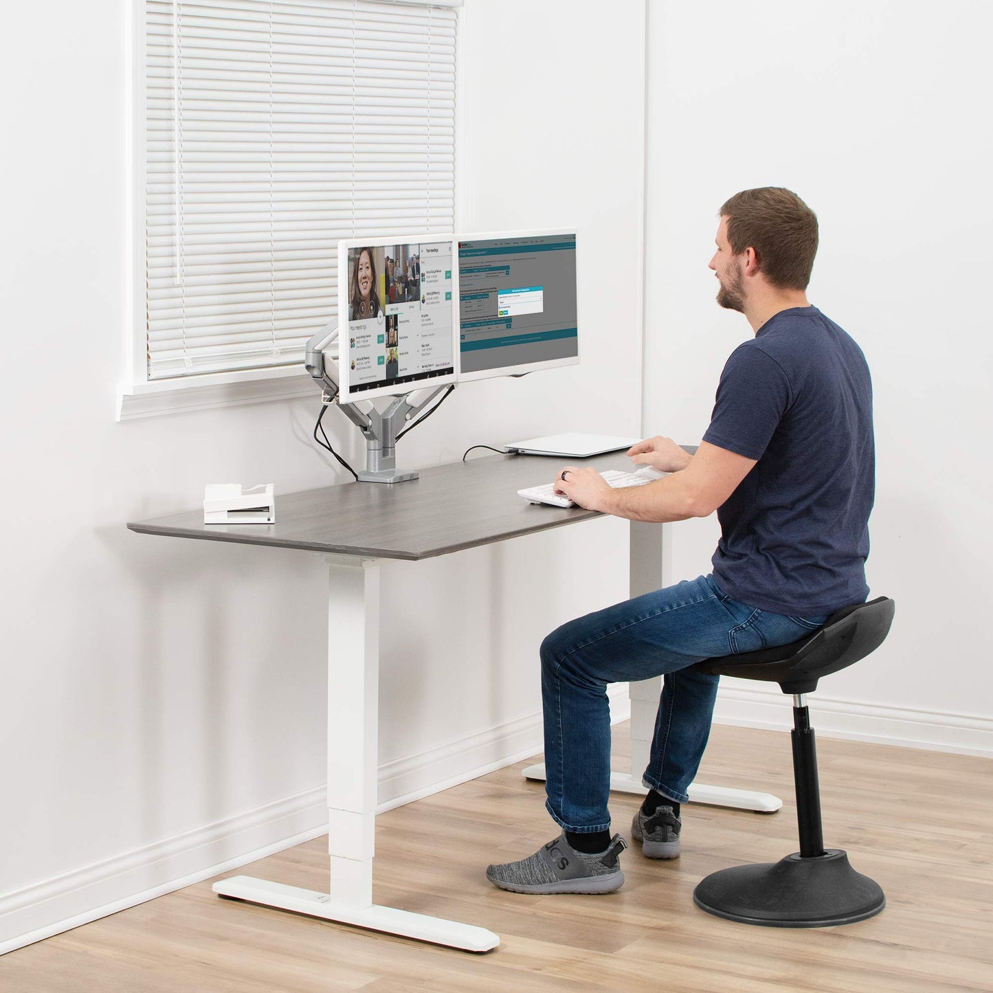 VIVO Space Saving Dual 17 to 32 inch Pneumatic Spring Arms, Aluminum Clamp-on Desk Mount Stand, Fits 2 Monitor Screens with Max VESA 100x100, Silver