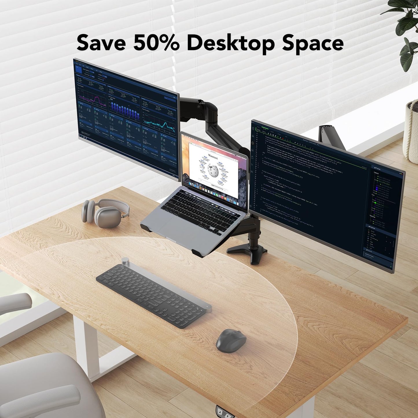 HUANUO Dual Monitor and Laptop Mount for Max 32” Monitor and 17” Laptop, Adjustable Arm with Tilt, Swivel and Rotation, Dual Monitor and Notebook