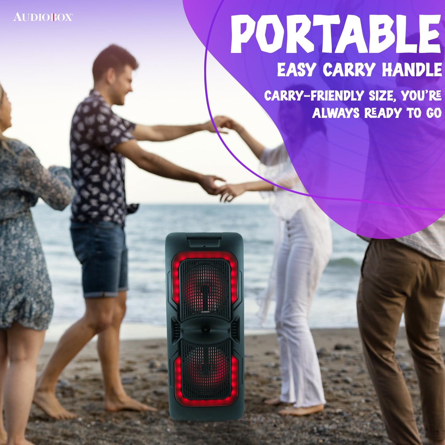 AudioBox ABX-2085R Dual 8" Portable Party Bluetooth Speaker with LED Lights, Wired Microphone, USB, AUX, TF & WaveSync Technology (TWS)
