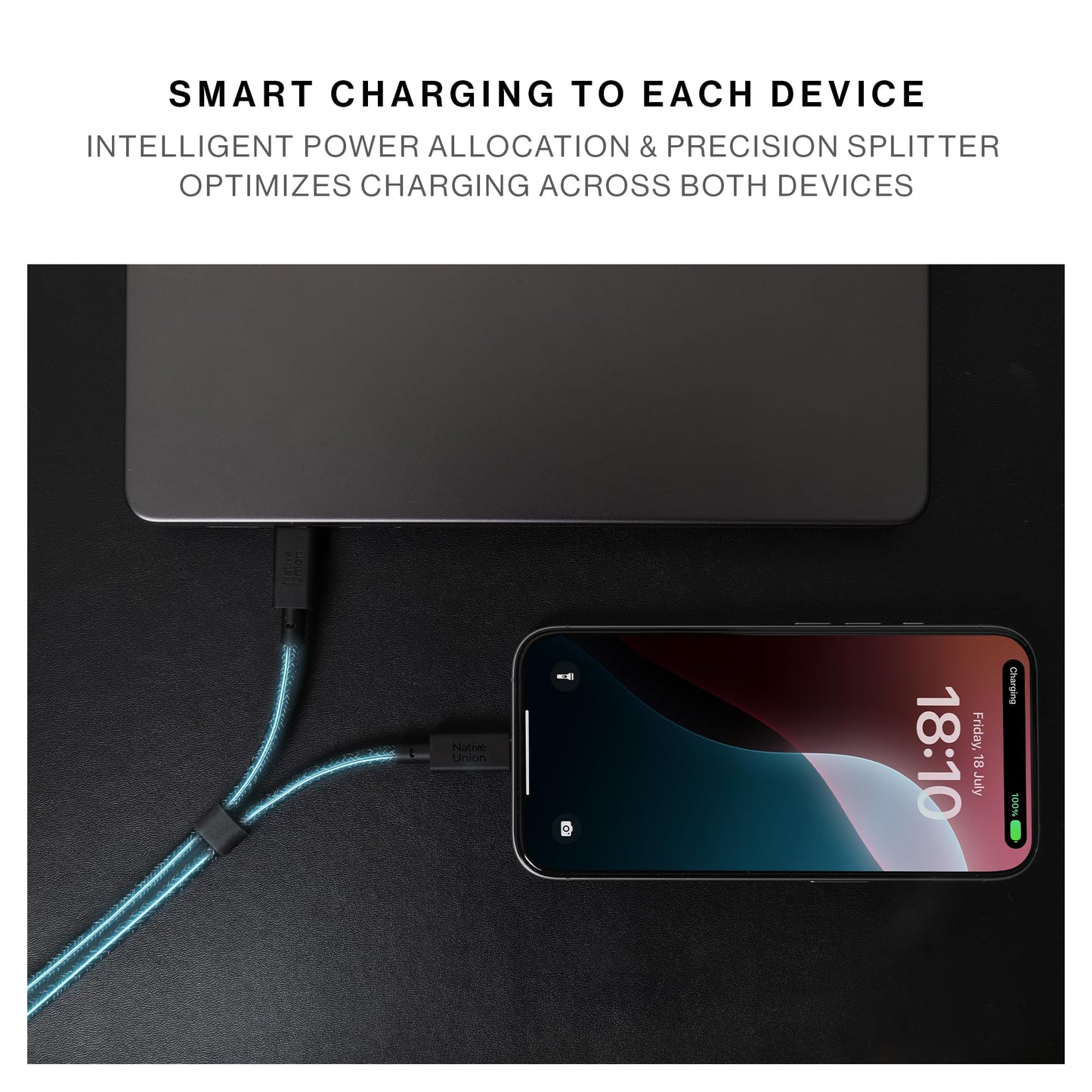 Native Union Belt Cable 2-in-1 - 6.5ft Multi-Device High Speed Charging Cable with Leather Strap for All Type-C Devices - 140W USB-C to Two USB-C
