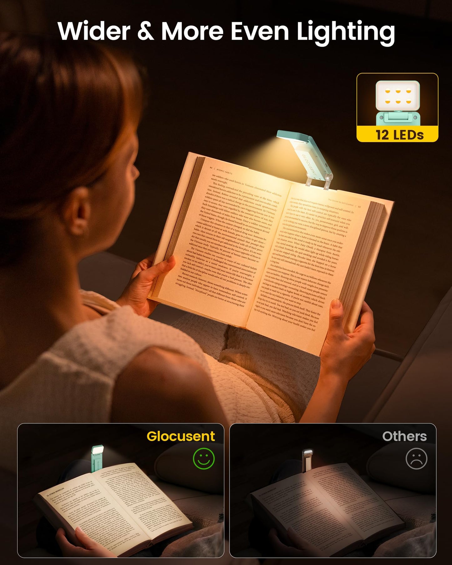 Glocusent 12 LED Rechargeable Book Light, Clip-on Reading Light with 5 Colors & 5 Brightness Levels, Up to 100Hrs Runtime, Eye-Caring Reading Lights