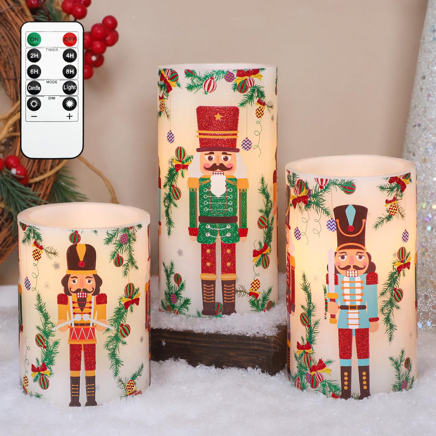 Crystal Club Christmas Flameless Candles Battery Operated, Holiday Nutcracker LED Candles with Remote, Realistic Pillar Candles for Xmas Tree, Mantel