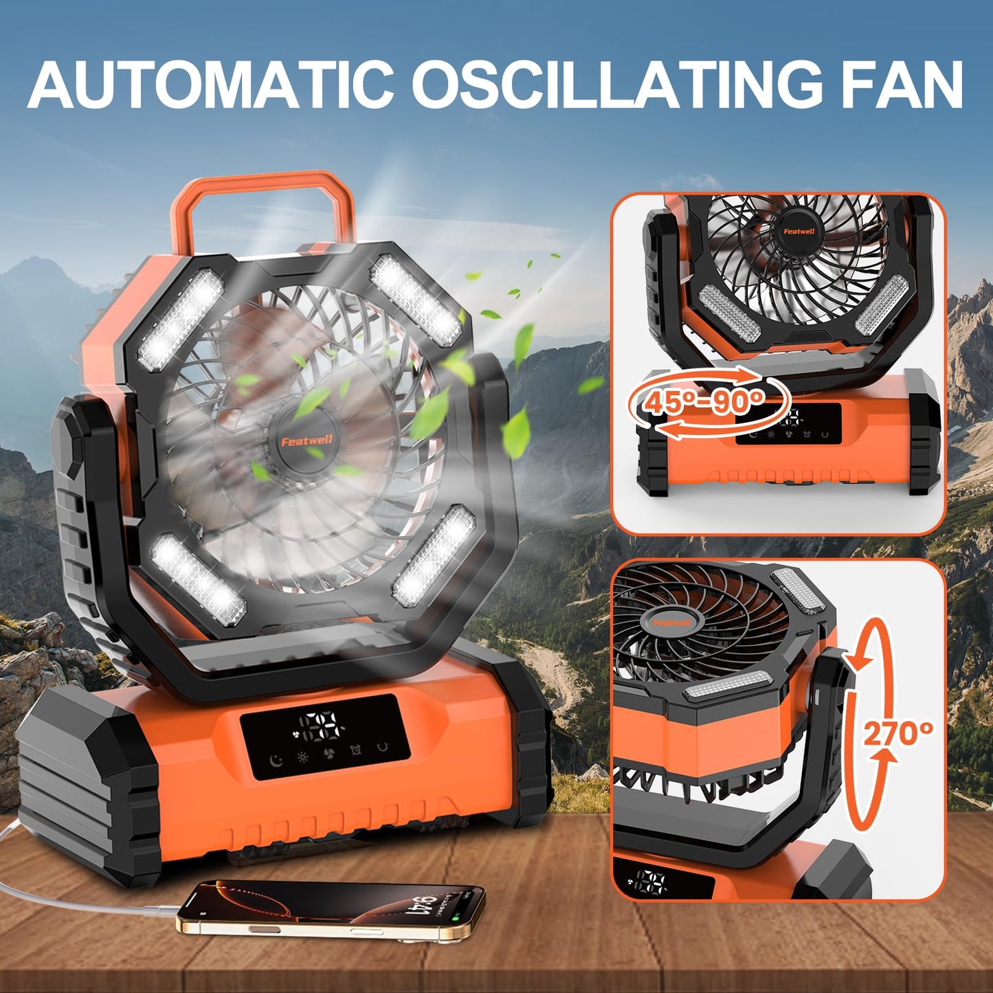 Featwell 20000mAh Portable Fan with Touch Screen, 5-Speed Strong Airflow LED Camping Fan, Ventilador Recargable with Remote for Tent, Camping, Indoor