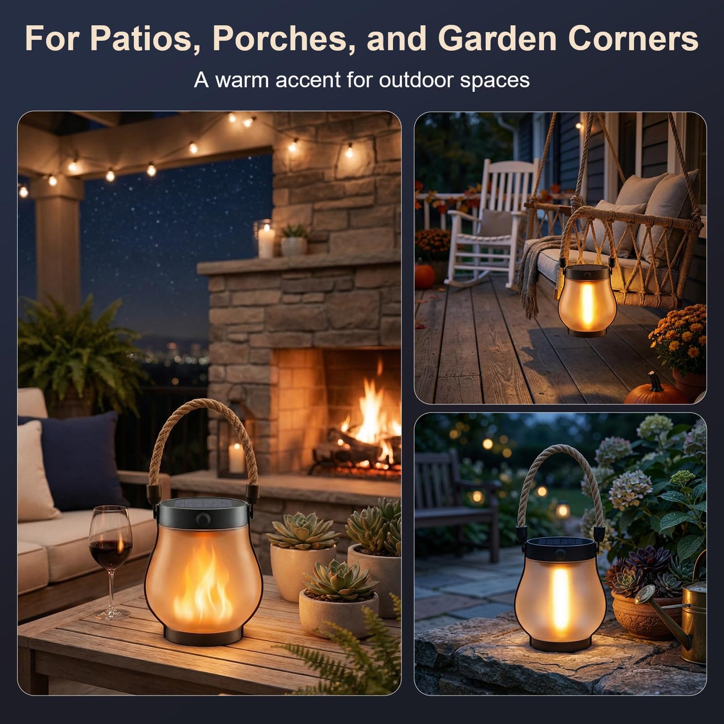 Solar Lanterns Outdoor Waterproof 4 Pack, Outdoor Solar Lanterns with Flickering Flame Effect, USB-C & Solar Charging, Auto Dusk to Dawn, Hanging