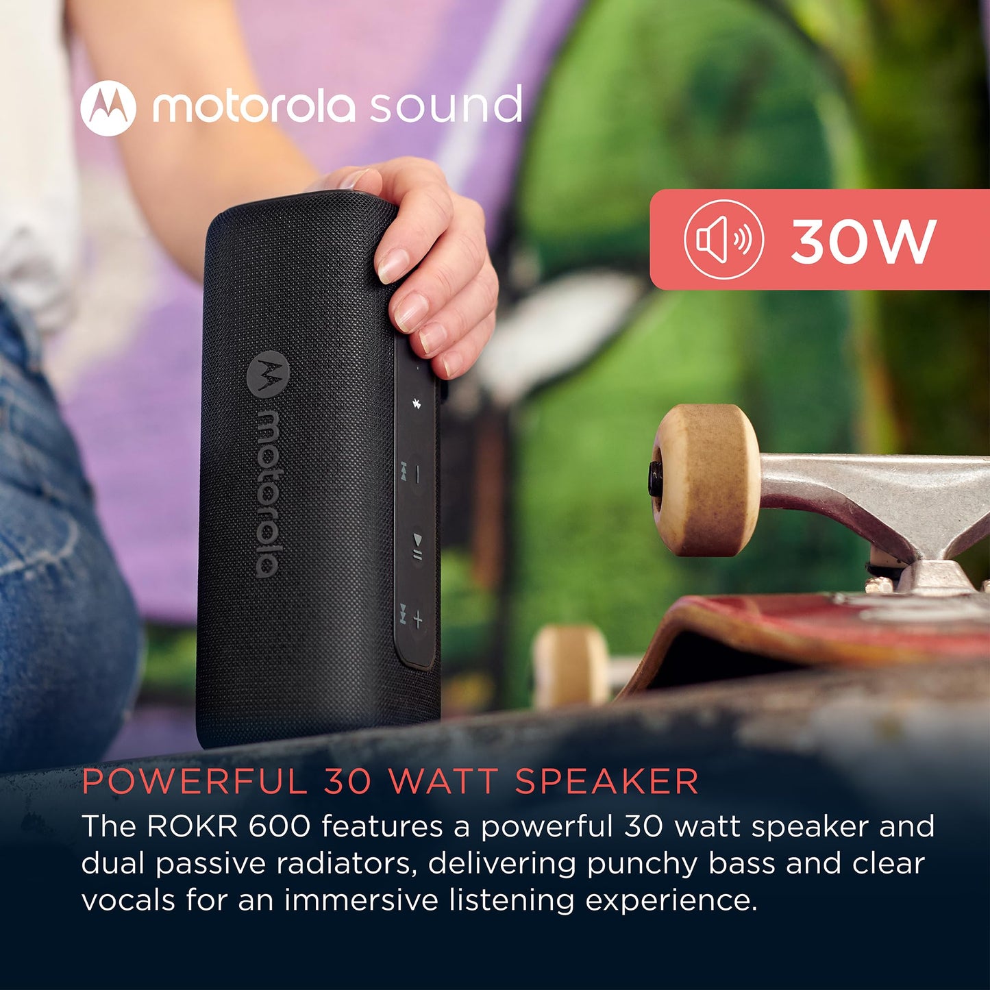 Motorola Sound ROKR 600 Portable Bluetooth Speaker, 6-Hour Playtime, IP67 Water Resistant, Speaker for Home/Outdoors, Compatible with iPhone, Black
