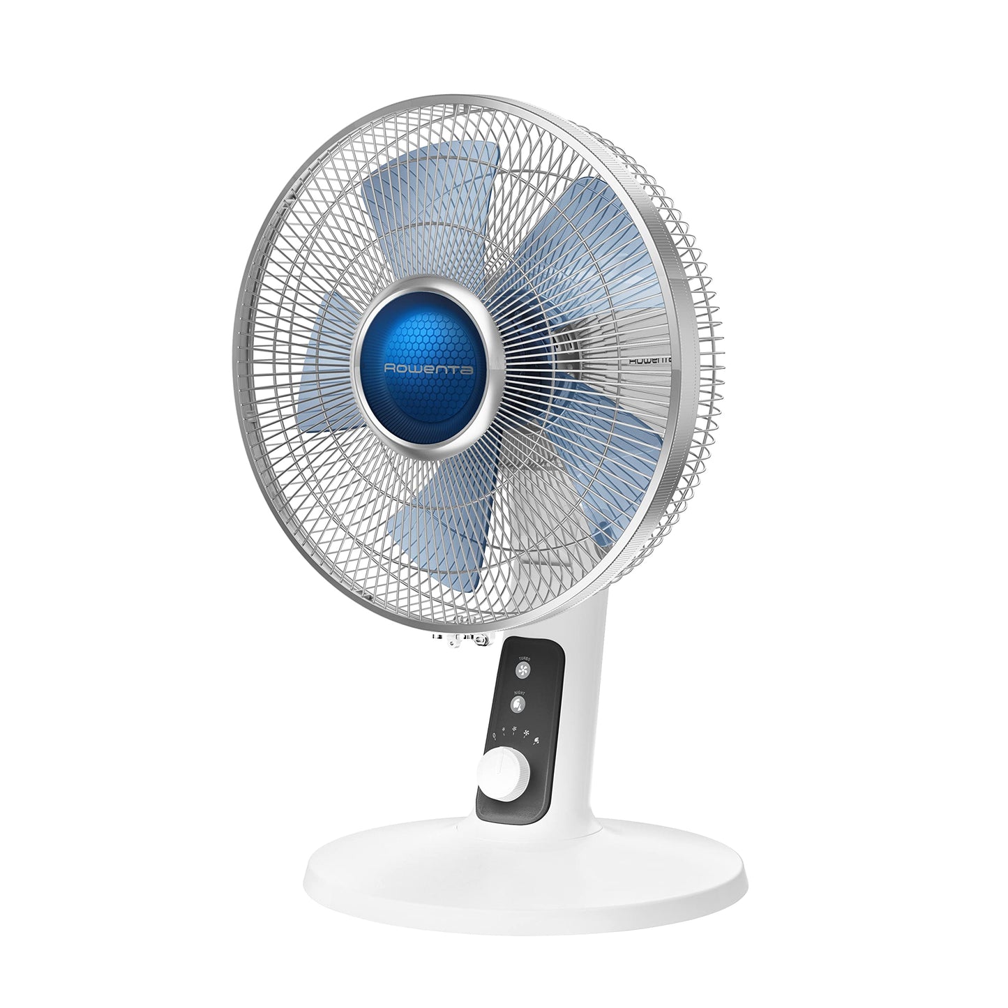 Rowenta, Desk Fan, Turbo Silence Table Fan, 12 Inches, Ultra Quiet Fan for Bedroom, Oscillating, Portable, 4 Speeds, Manual Turn Dial, White, Indoor