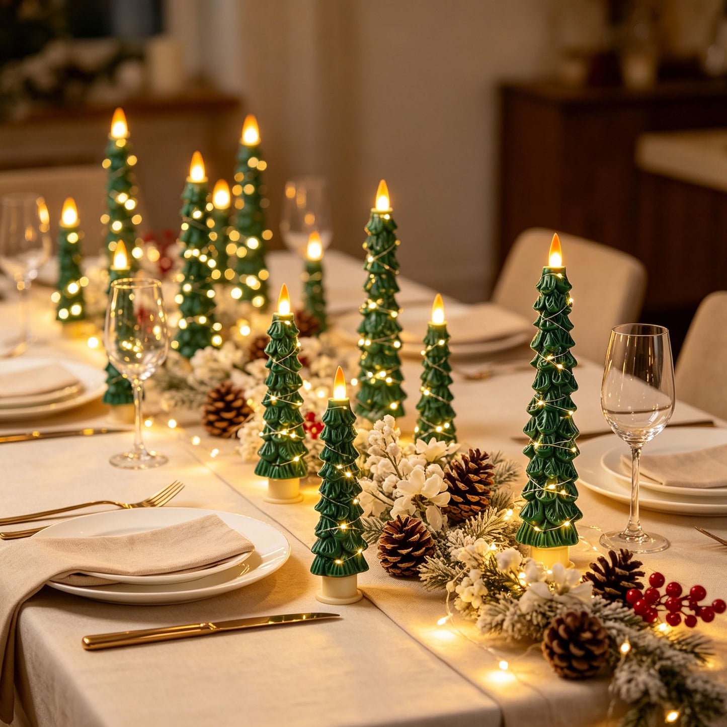 Christmas Tree Candles Surrounded by Fairy Lights, LED flameless Candle Lights with Remote Control Timing Function. Green