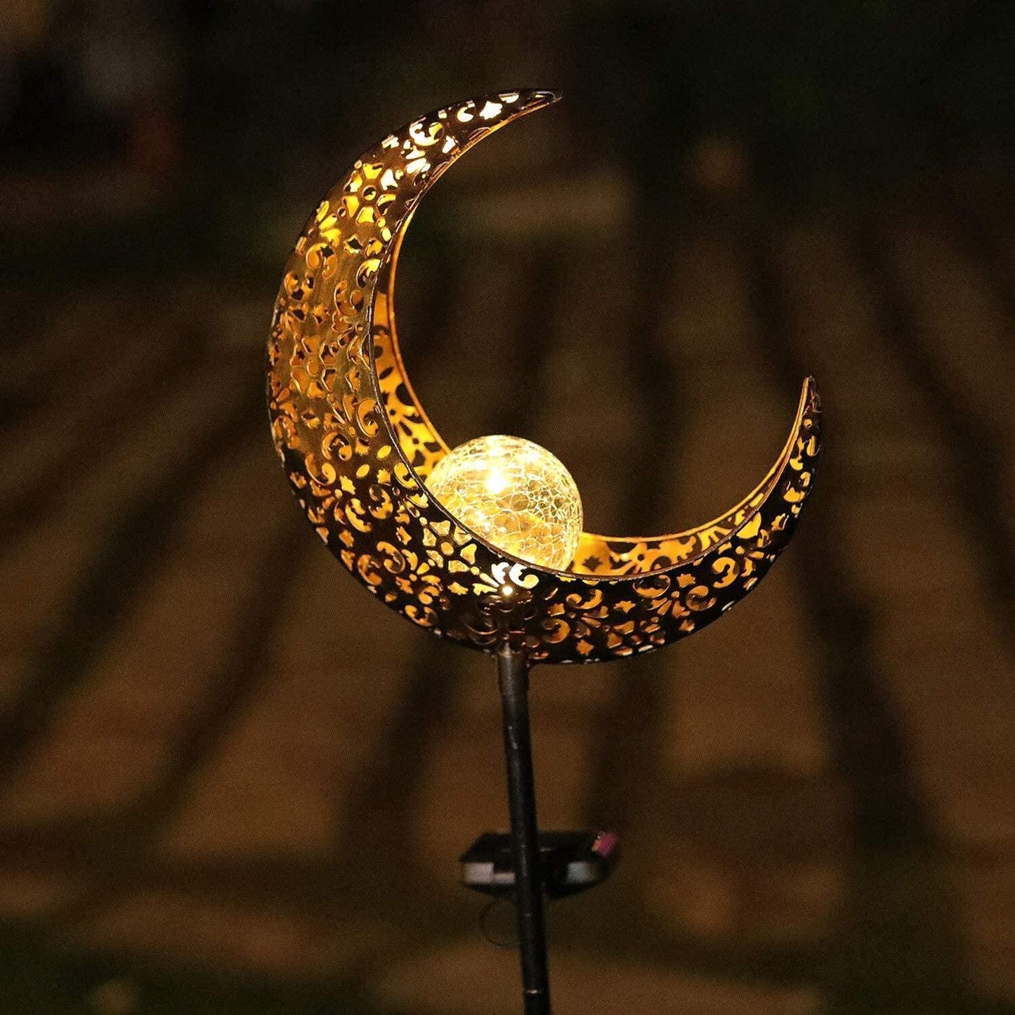 HDNICEZM Solar Garden Light Outdoor Decorative, Moon Decor Crackle Glass Globe Garden Stake Metal Lights?Waterproof Warm White LED for Pathway, Lawn