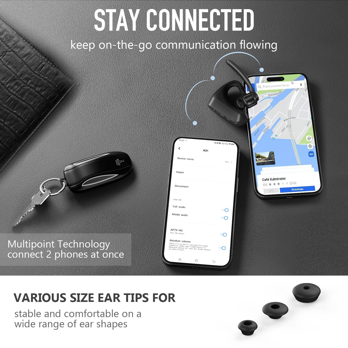 Conambo K21 Bluetooth Headset V5.1, Bluetooth Earpiece with CVC 8.0 Dual Mic Noise Cancelling Wireless Headphone - Mute & Volume Buttons 16Hrs Talking