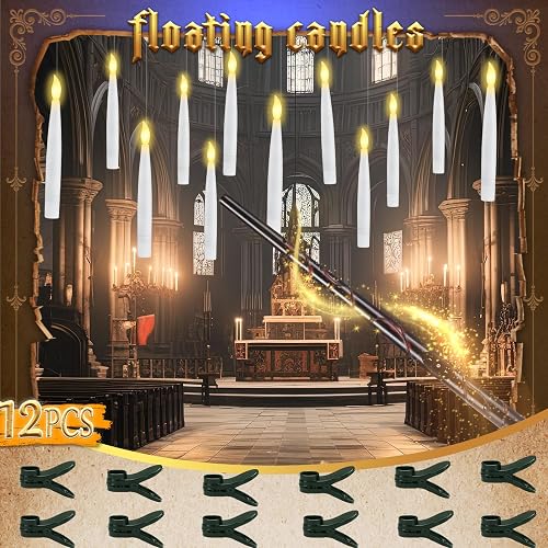 Halloween Decorations - Floating Candles with Wand & 6-Hour Timer - Flameless LED Hanging Candles with Clip, Battery Operated Window Taper Candle