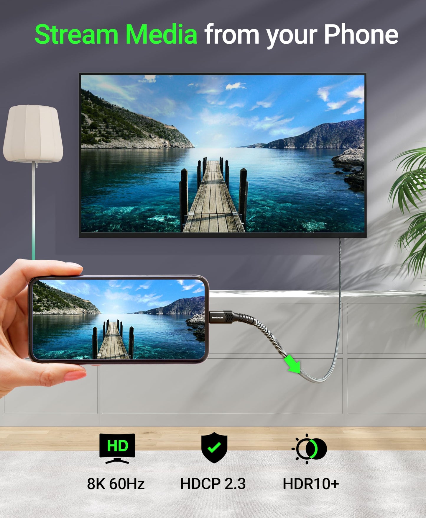 BlueRigger USB C to DisplayPort Cable (10FT, 8K 60Hz, USB Type-C 3.1 to Display Port, 32.4 Gbps, Thunderbolt 4/3, USB-C to DP 1.4 Cable) - Compatible