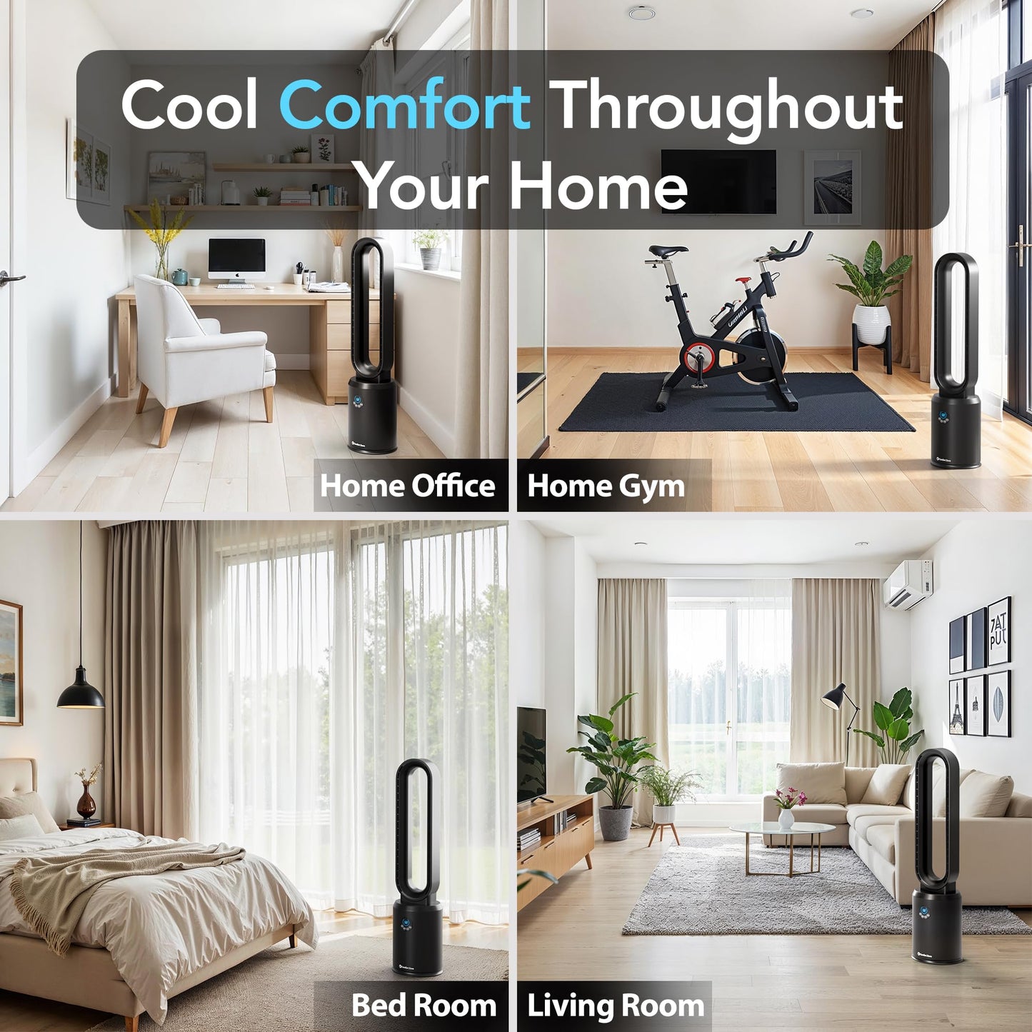 Comfort Zone 40-Inch Bladeless Tower Fan for Bedroom - Quiet Standing Fan with Remote Control, 9H Timer & Wide Area Oscillation - Turbocharged Airflow