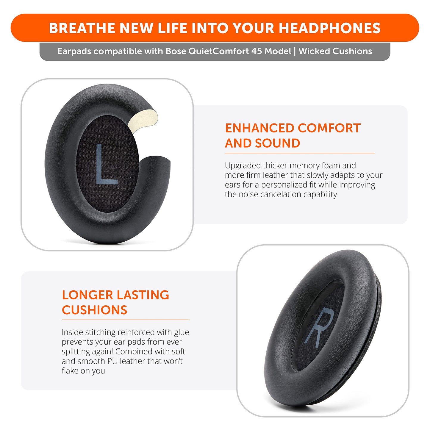 WC PadZ QC45 - Earpads for Bose QuietComfort 45 / QuietComfort Se/QuietComfort Wireless, Made by Wicked Cushions | Extra Thick Cushion | Premium