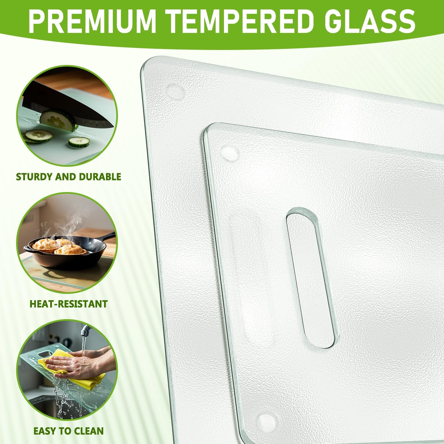 Tempered Glass Cutting Board for Kitchen, 2PCS Clear Chopping Board with Handle (16"x12" & 12"x8"), Plastic Free, Scratch Resistant, Heat Resistant…