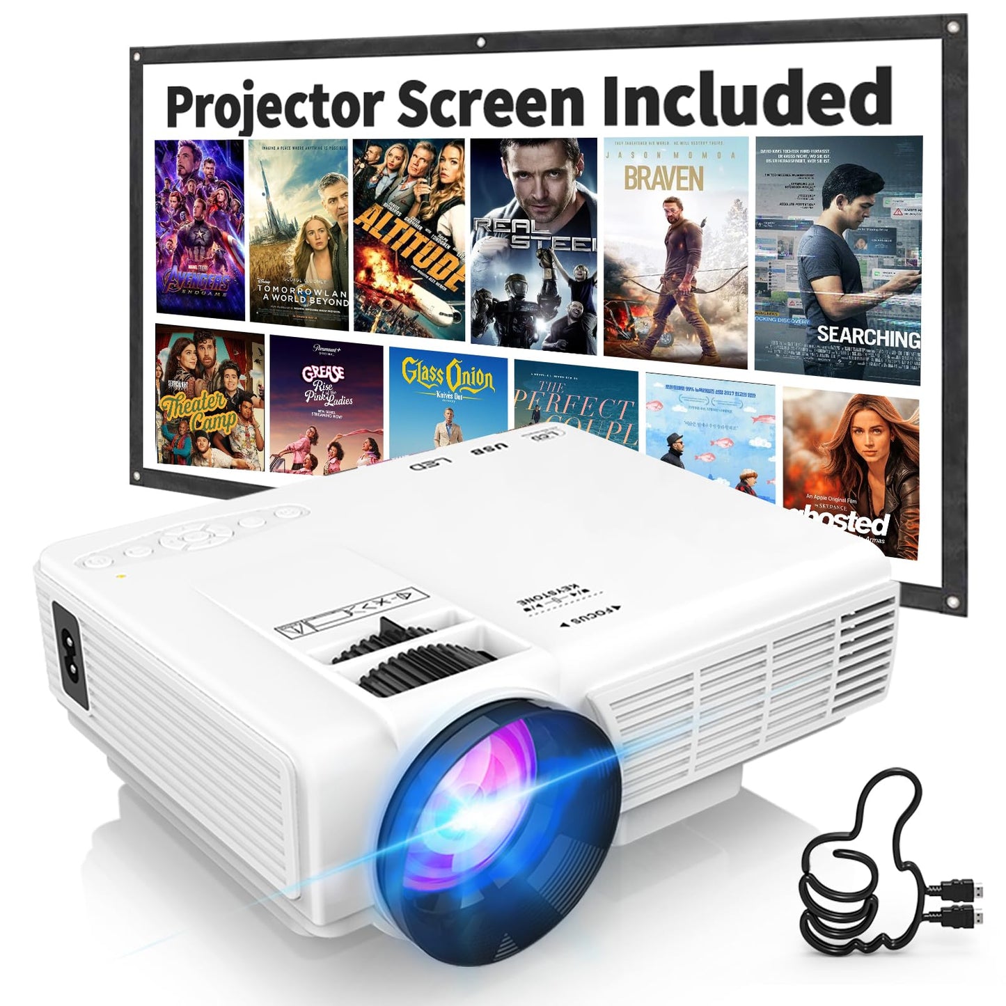 PANSEBA 1080P Mini Projector with Screen, Portable Home Theater Movie Projector with Two-Way Bluetooth, HDMI/USB Input for Smartphone/TV Stick, Ideal