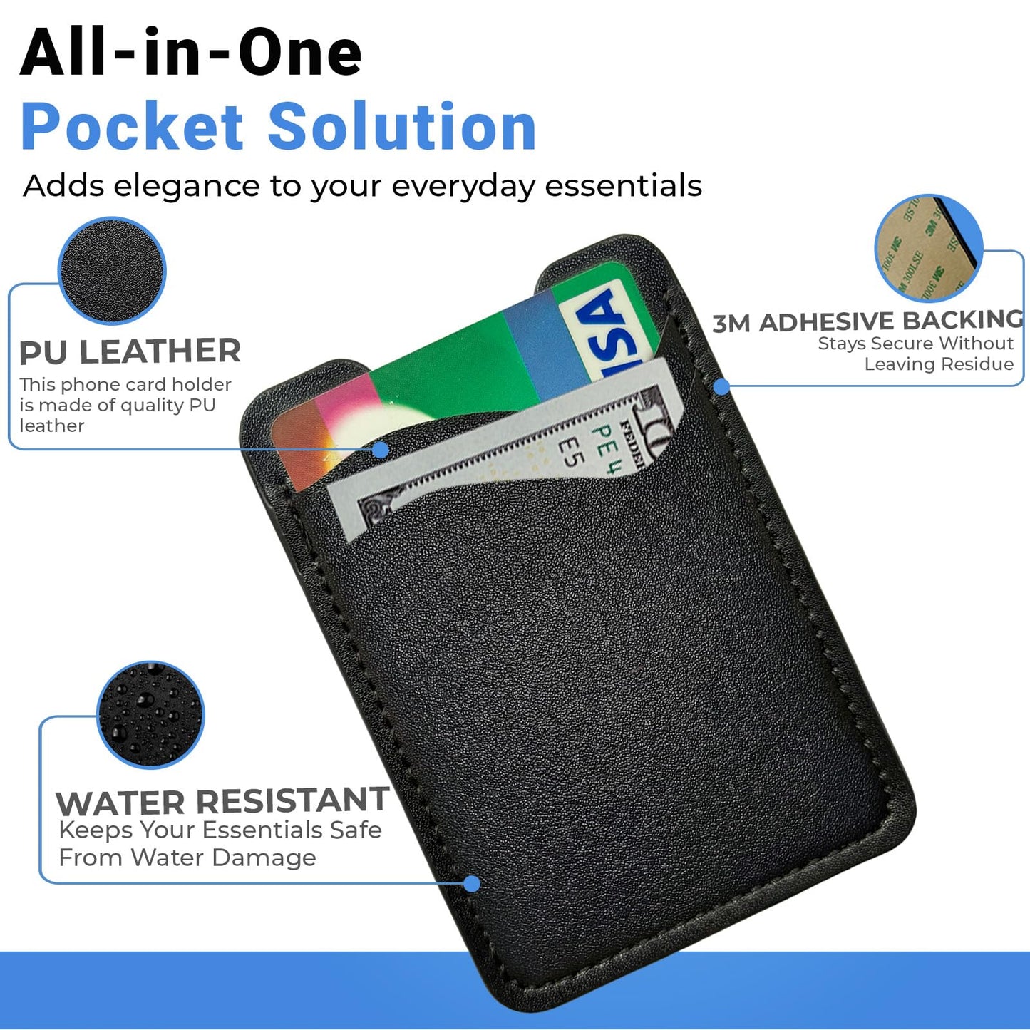 SNJXAMC Phone Wallet Stick ON,Credit Card Holder for Phone Case,Leather Wallet,Stick On Wallet for iPhone Samsung Android,Card Holder,2 Pack,Black