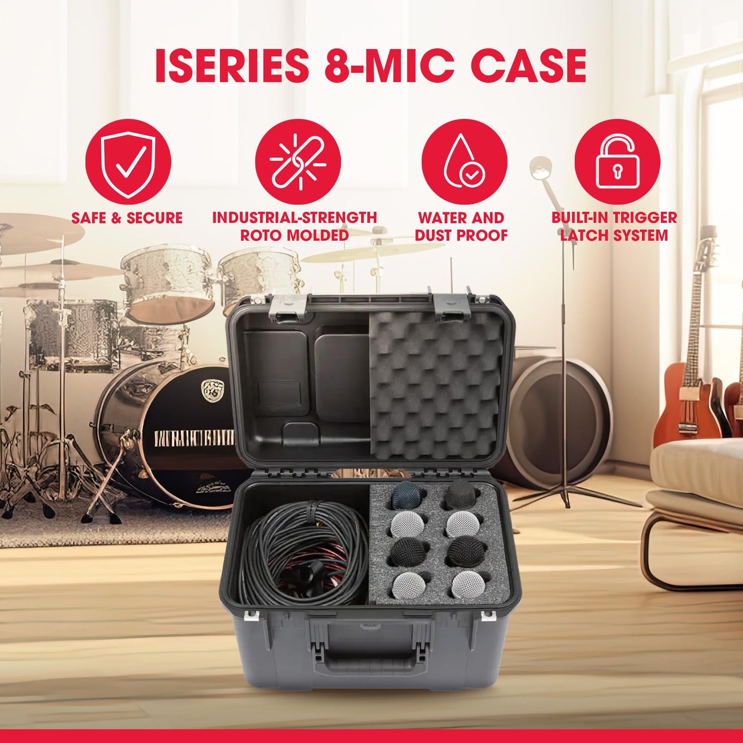 SKB iSeries Microphone Hard Case, Waterproof Polypropylene Shell with 8-Slot Foam Interior, Cable Storage and Wheels for Mic System Protection