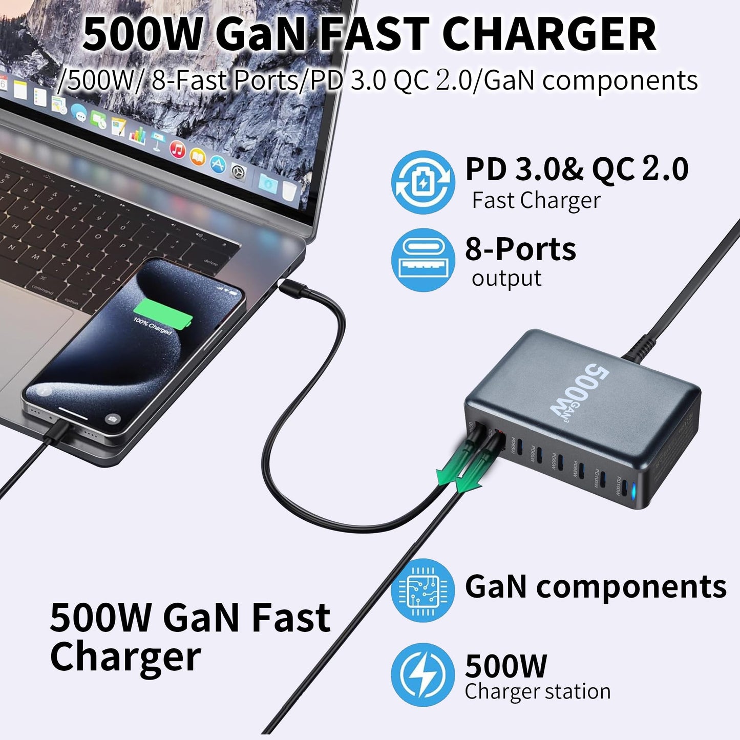 500W USB C Fast Charger Block, 8 Port USB Charging Station, GAN3 Multi Device Fast Charging Station for iPhone, Samsung, MacBook, Dell and More