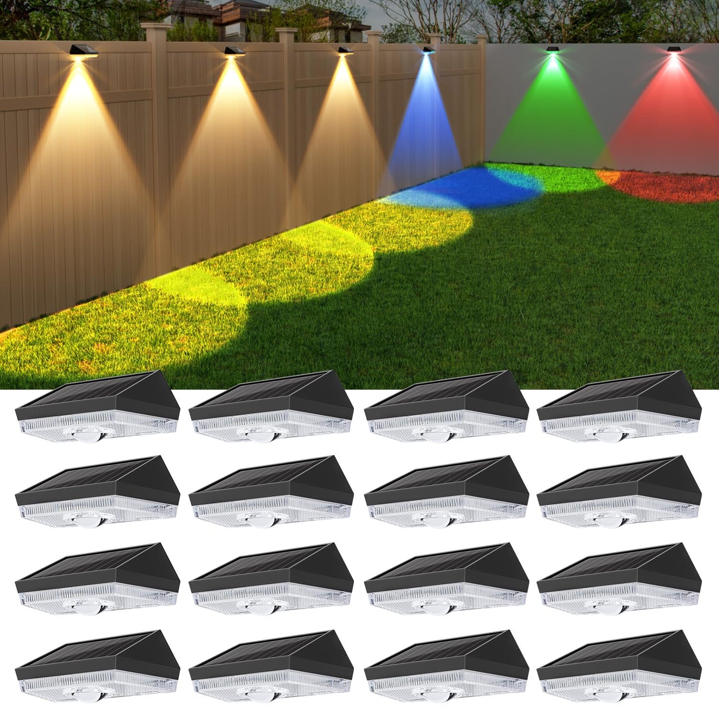 Ellasay Solar Powered Lights for Fence: 10 Lighting Modes with RGB - Waterproof IP65 - Bright Lens LED for Outdoor Wall Garden Deck Patio Porch Yard
