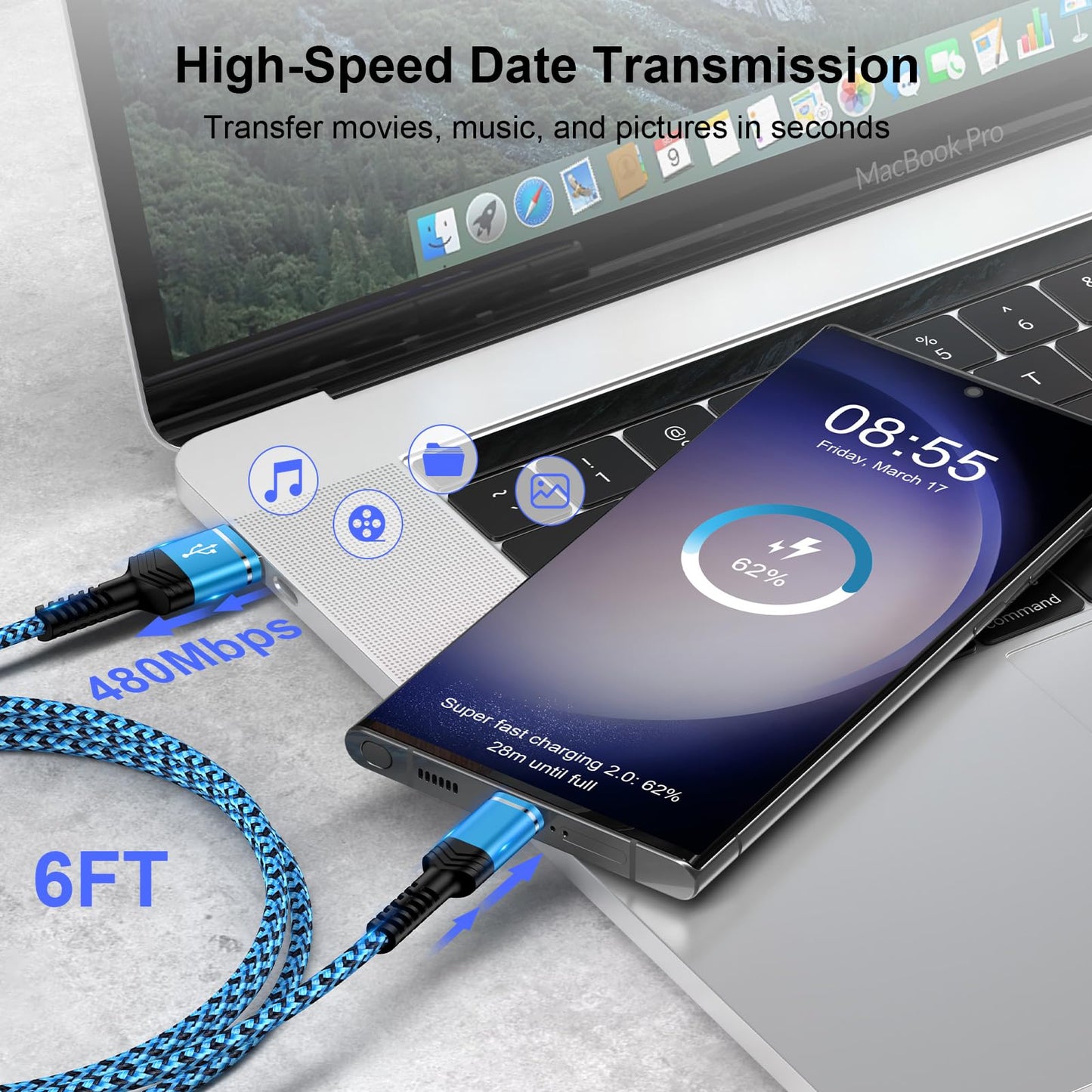 USB Type C Cable Fast Charging for Samsung Galaxy S25 FE/S25 Ultra/S25/S24/S24 Ultra/A16/A17, 2Pack 6FT Type C Charger Cables Android Phone Charging