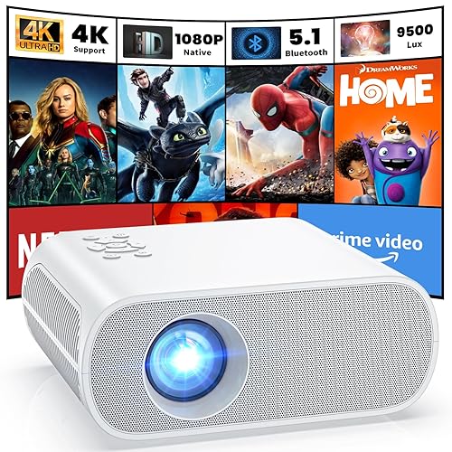 HOMPOW Projector, Native 1080P Full HD Bluetooth Projector with Speaker, 9500 Lumens Outdoor Portable Movie Mini Projector Compatible with Laptop