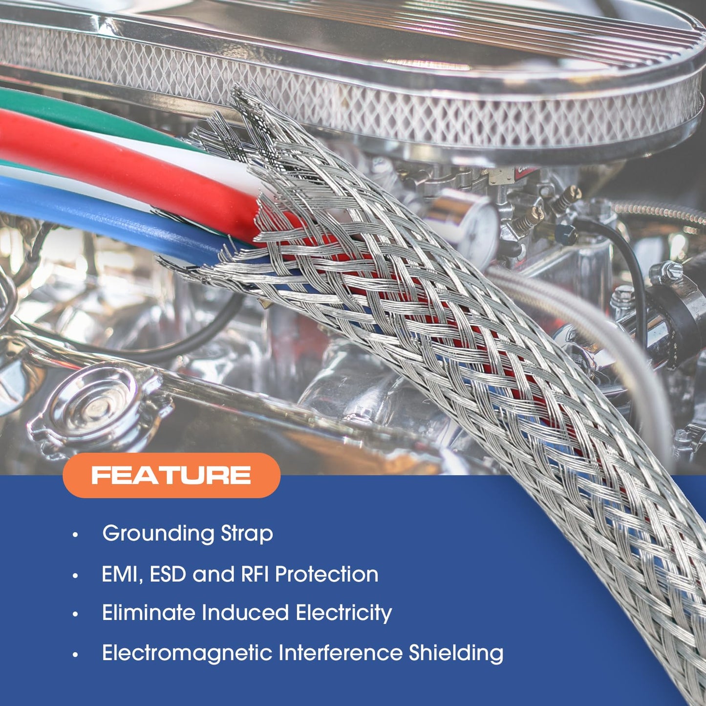 FOURUB Cable Shielding Sleeve Tinned Copper Braided Sleeving Flexible Expandable Metal Ground Straps Wire Harness Protector (1/2"-18ft, Silver)