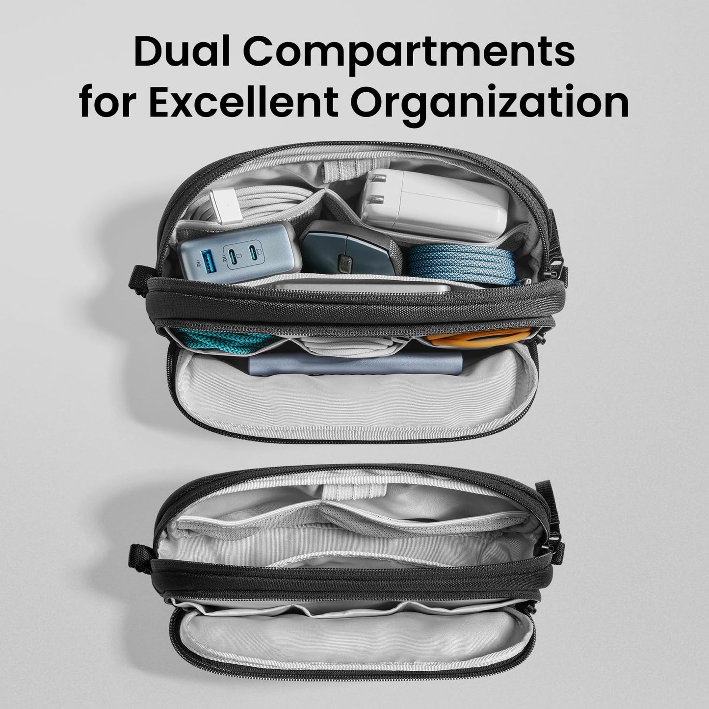 tomtoc Electronic Organizer Travel Case, Water Resistant Dual Compartment Tech Pouch Cable Organization Storage Bag for Charger, Cord, Phone, Hard