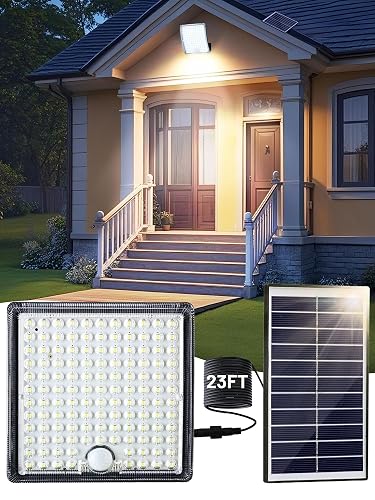 Solar Motion Lights Outdoor Waterproof with 5 Lighting Modes,Solar Flood Lights Outdoor Waterproof with 23FT Cable,126 LED Luz Solar Para Exterior