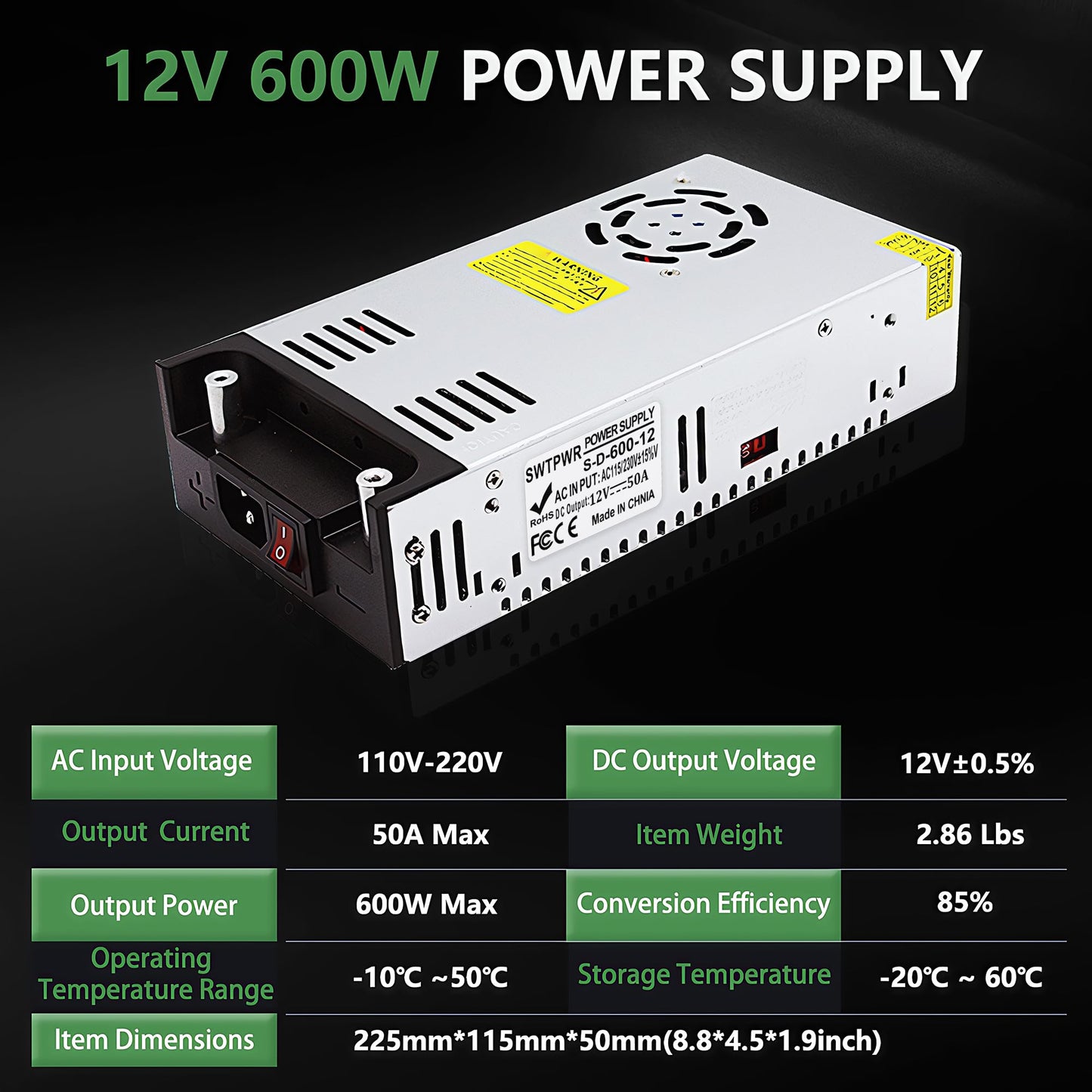 DC 12V 50A 600W AC to DC Converter 110V/120V to 12V Power SupplyTransformer LED Driver Smart Cooling Fan Designed for LED Strip CCTV and Car Devices…