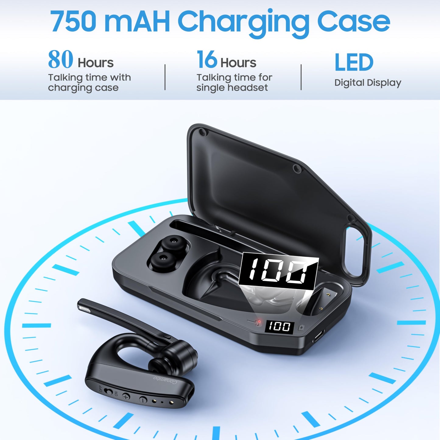 Conambo Bluetooth Headset V5.2 Wireless Bluetooth Earpiece with 750mAH Charging Case 80Hrs Talktime Wireless Headset with CVC8.0 Dual Mic Noise
