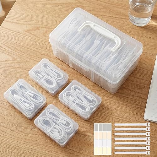 Portable Cord Organizer Box with Handle, 7 Clear Cable Storage Cases and Labels, Travel Cable Holder for Charging Cords, USB Wires, Earphones - Home