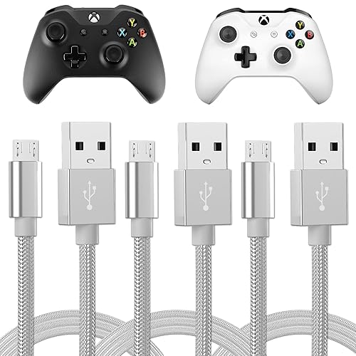 TALK WORKS Charger Cord Compatible with Xbox One Gaming Controllers - 6 ft Nylon Braided Micro USB Charging Cable, Heavy-Duty Fast Charge (Silver