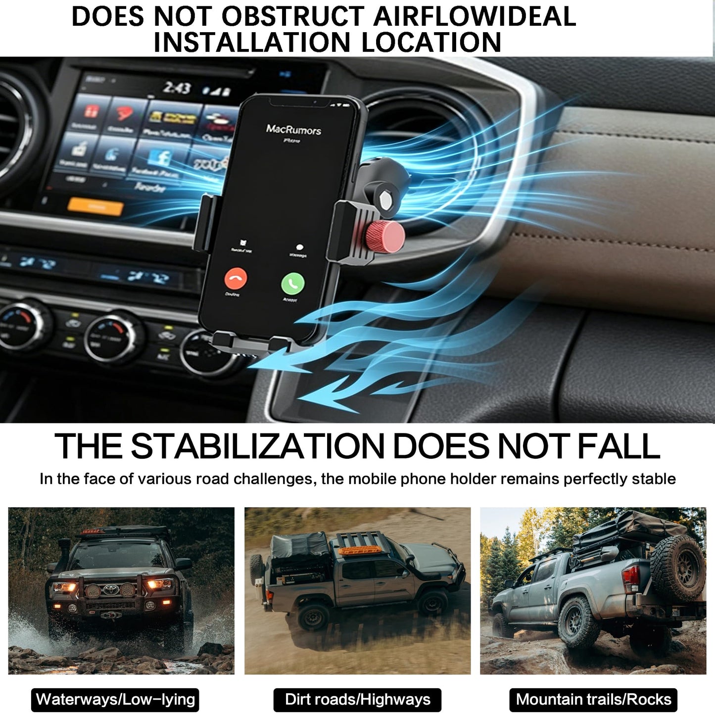 KOQEIEY Upgraded Aluminum Vent Phone Mount for Toyota Tacoma 2016 2017 2018 2019 2020 2021 2022 2023, 3rd Gen Tacoma Phone Holder with 360° Rotation