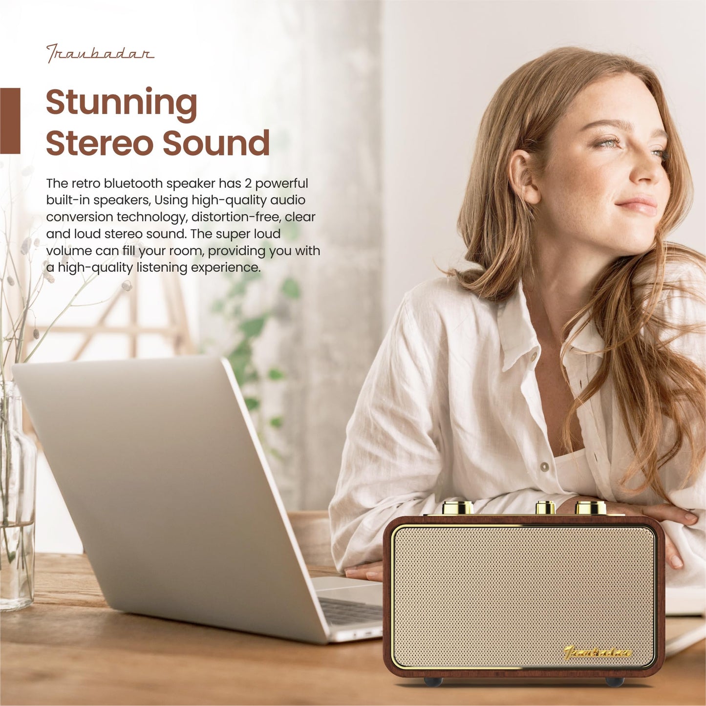 TRENBADER Retro Bluetooth Speaker-Wireless Portable Speakers with Subwoofer-Elegant & Vintage Design, Vintage Radio Rotary Am/Fm Tuning Dial, Wireless