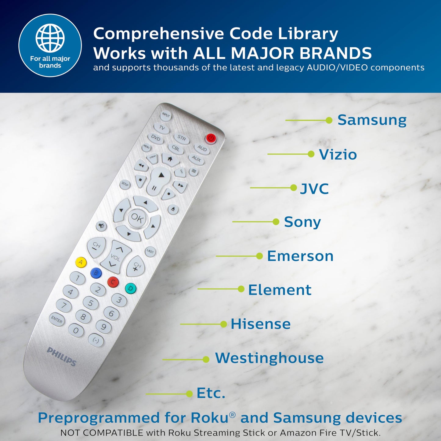 Backlit Universal Remote Control by Philips, Works for Samsung, Vizio, TCL, HiSense, Sony, RCA, Panasonic, Roku, Apple TV, Smart TVs, Streaming