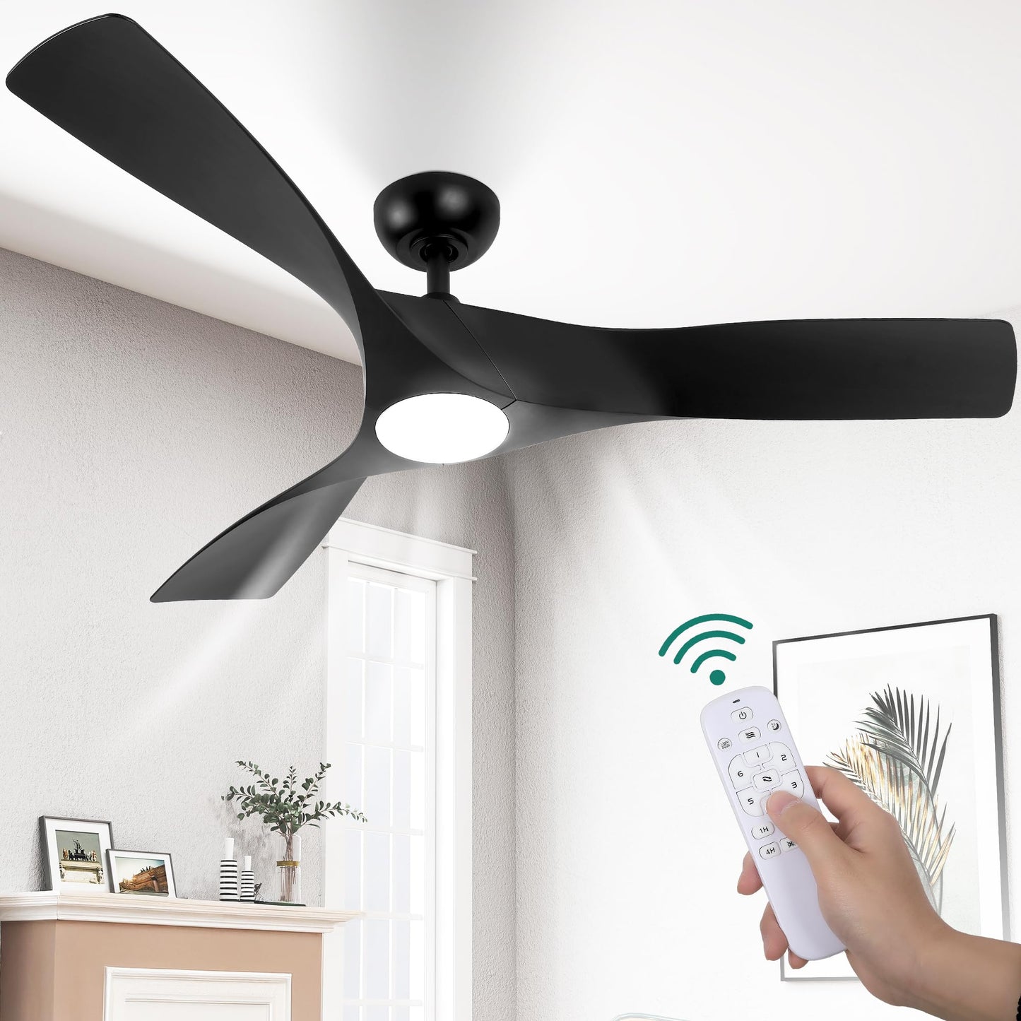 YITAHOME Black Ceiling Fan with Light, 52in Ceiling Fans with Remote for Patio, 3 Blade Ceiling Fans, 2 Downrods, 6 Speeds Reversible Noiseless DC