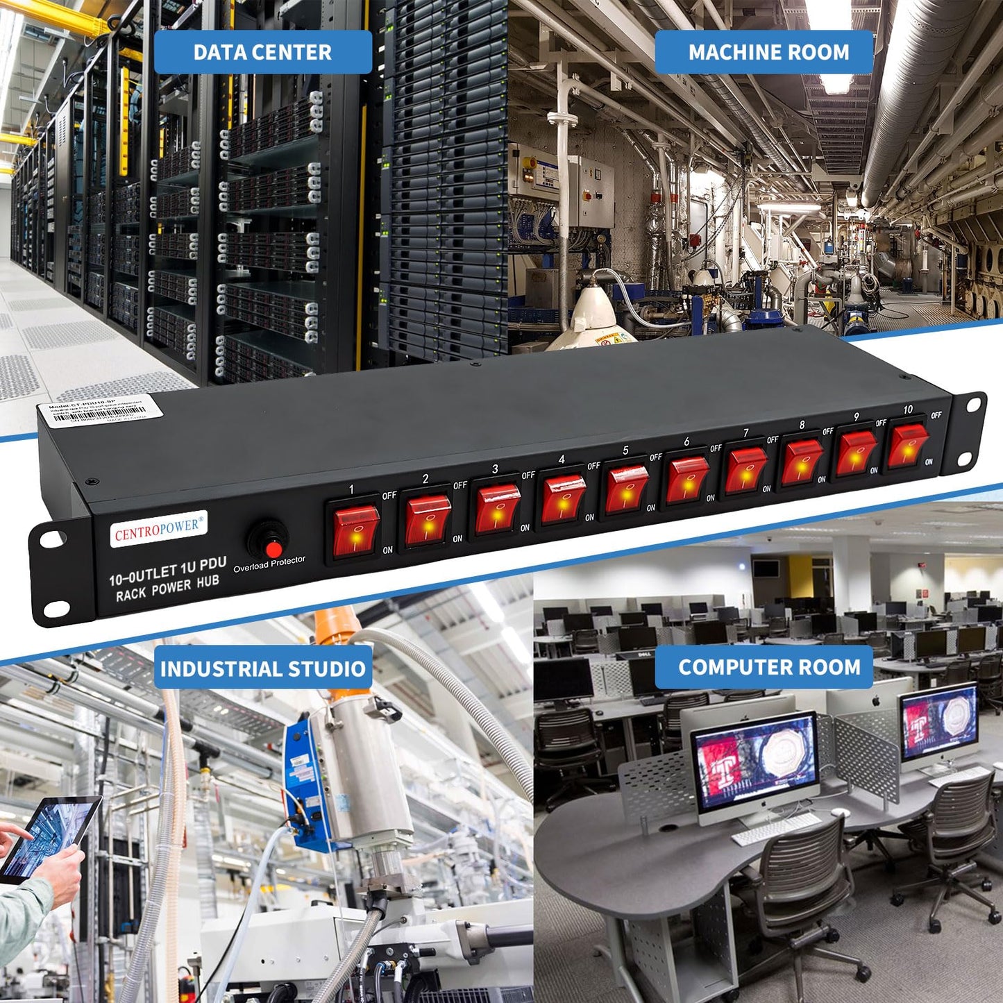 1U PDU Horizontal Rack Mount Power Strip - Surge Protector 10 NEMA 5-15R Outlet 100V-240V/15A 1800 Joules, 10 Independent LED Switches, w/6ft Cord