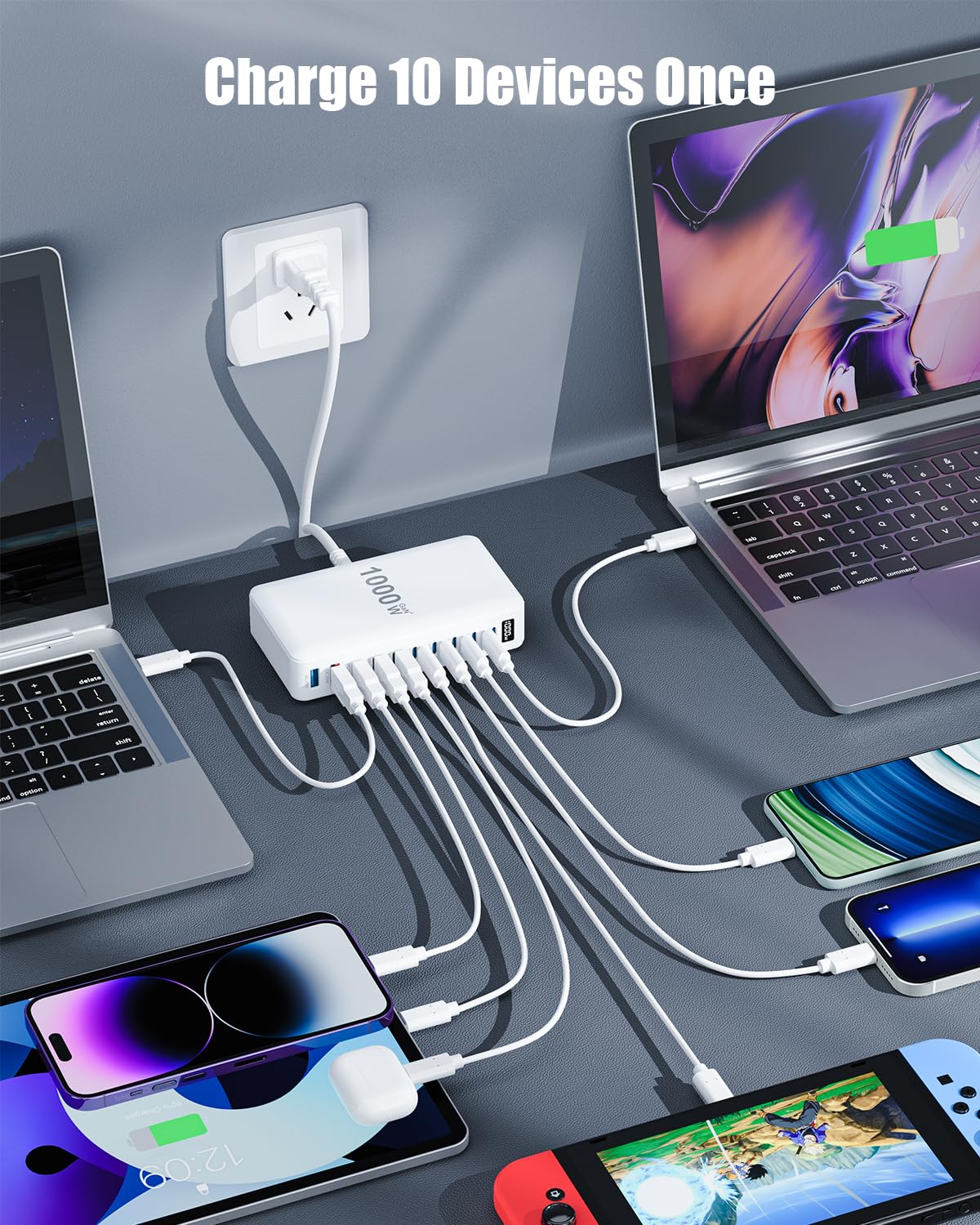 USB C Charger 1000W USB C Charger Block,Upgraded GaN IV 10-Port Charging Station Hub,Travel Essentials 140W Fast Charging Laptop Adapter for MacBook