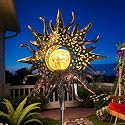 HOMEIMPRO Large Sun Solar Garden Decor Lights Outdoor Garden Gifts Mom Dad, Crackle Glass Metal Stake Backyard Decor, Waterproof LED Lights for Lawn