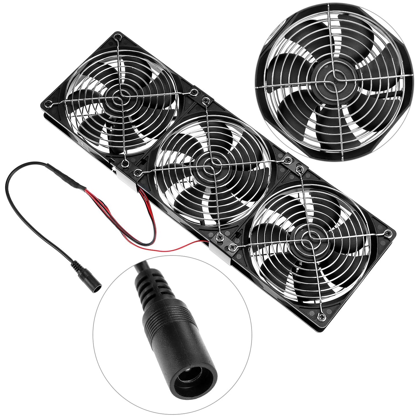 QWORK Dual Ball 120mm Triple Cooling Fan Kit with Variable Speed Controller, AC Plug DC 12V, 62 CFM, Dual-Ball Bearings