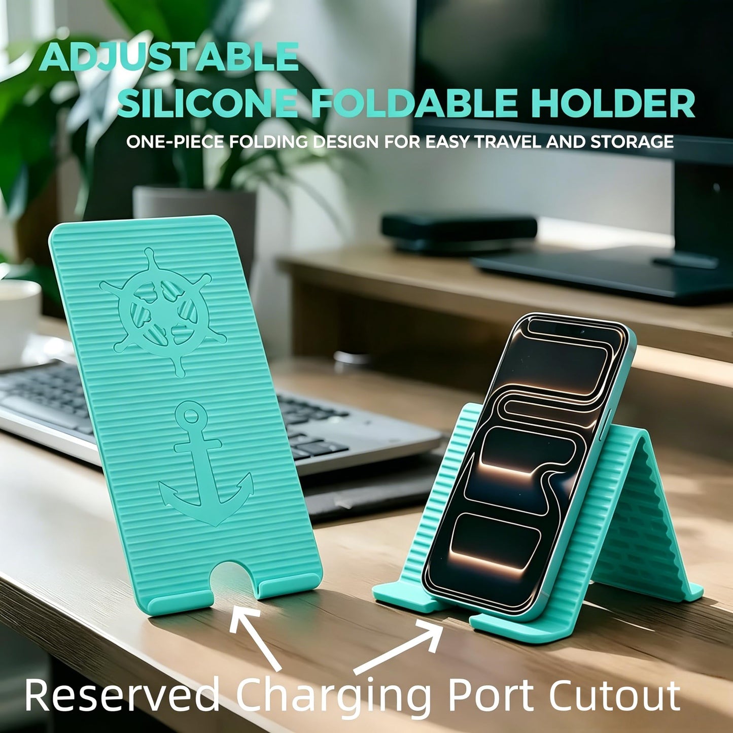 ZURCAS Flexible Silicone Aluminum Phone Holder Tablet Stand with Charging Port Design, Foldable Airplane Laptop/Phone Stand for Home Office Travel