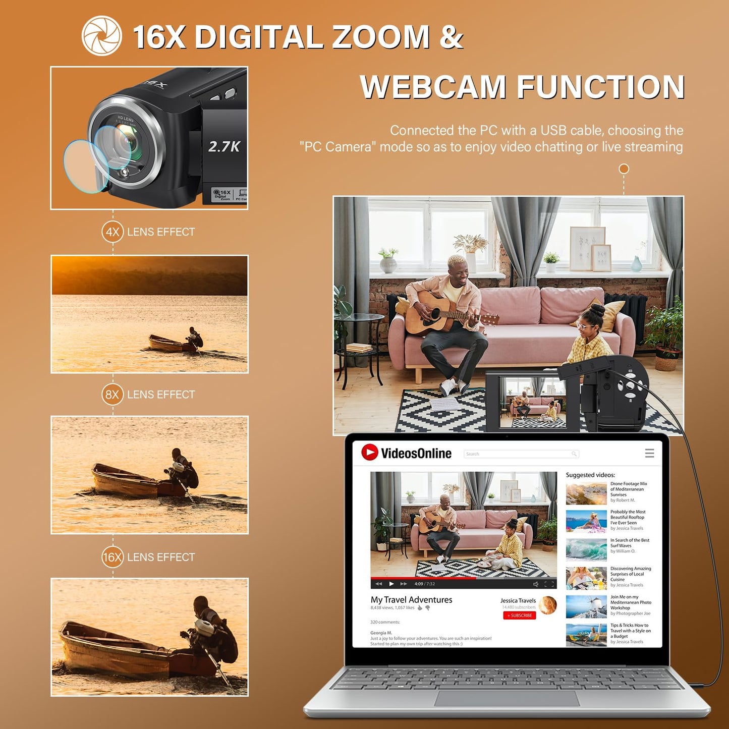 Muitune Camcorder Video Camera QHD 2.7K 56MP 16X Digital Zoom Vlogging Camera with LED Fill Light for YouTube, 2.8 Inch 270 Degree Rotation LCD Screen