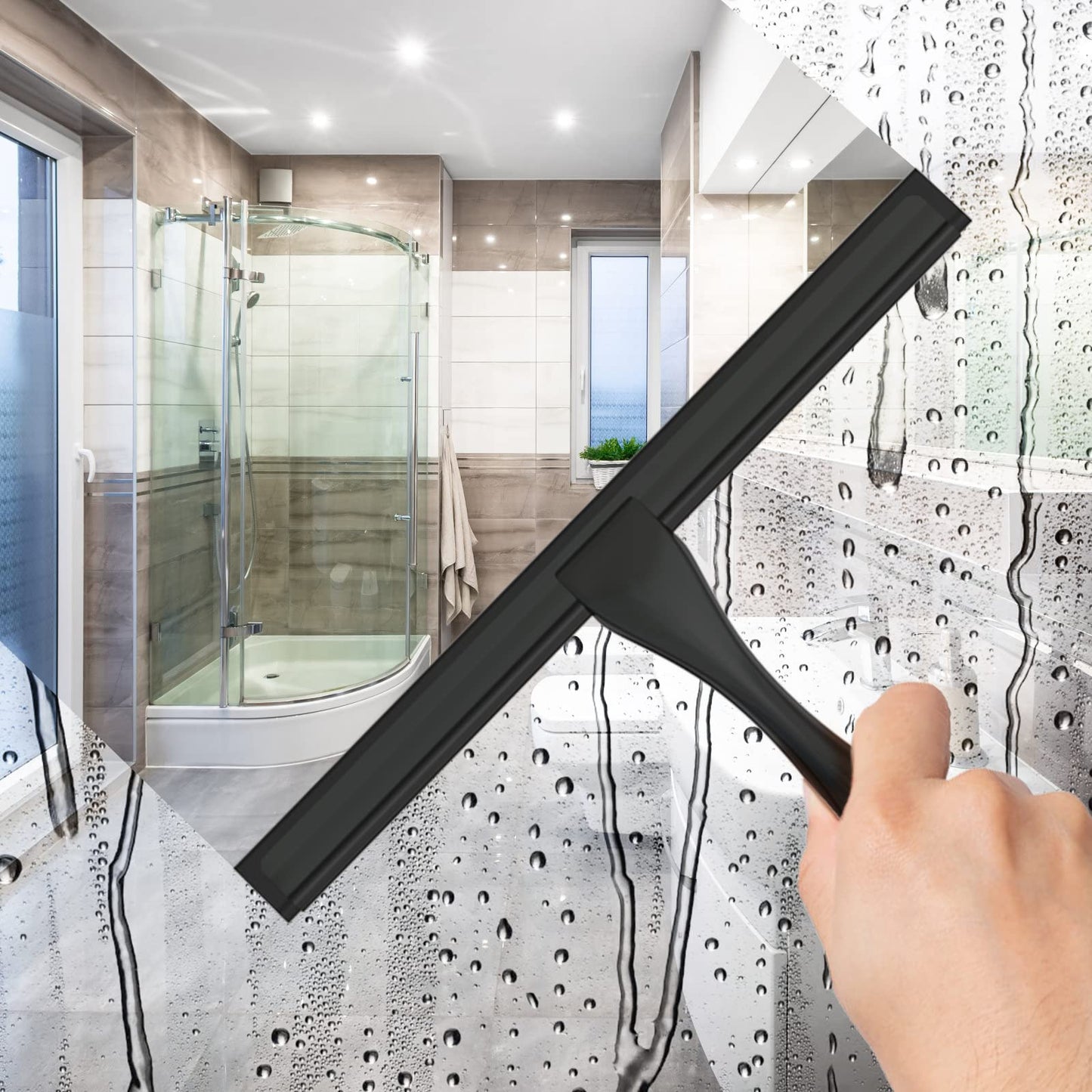 All-Purpose Stainless Steel Shower Squeegee – 10" Glass Door & Mirror Cleaner with Hook – Black, for Bathroom, Tile, Car