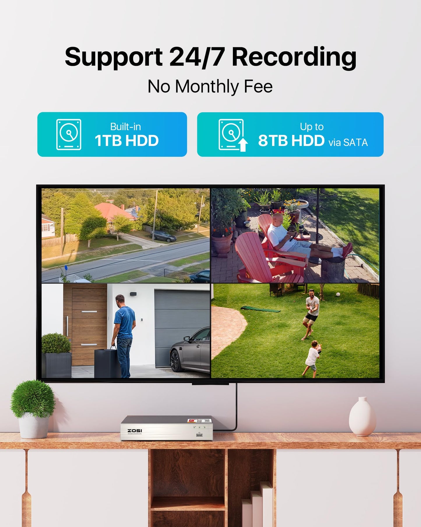 ZOSI H.265+ 8CH 5MP Lite Surveillance DVR Video recorders with 1TB Hard Drive Supports 4-in-1 HD-TVI CVI CVBS AHD 960H 1080P 5MP Security Cameras