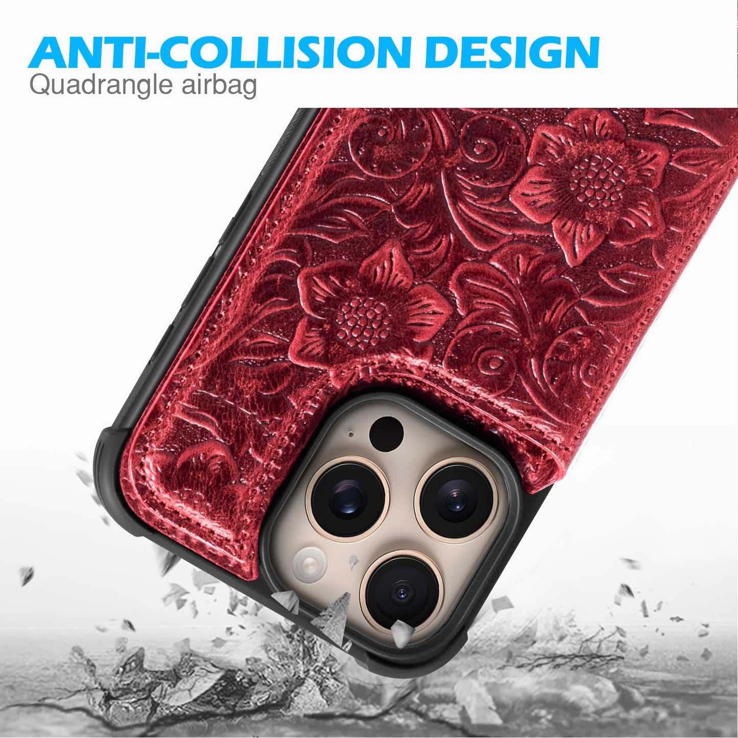 RMAWRAD Wallet Real Leather Case Compatible with iPhone 15 Pro Max 6.7" Red