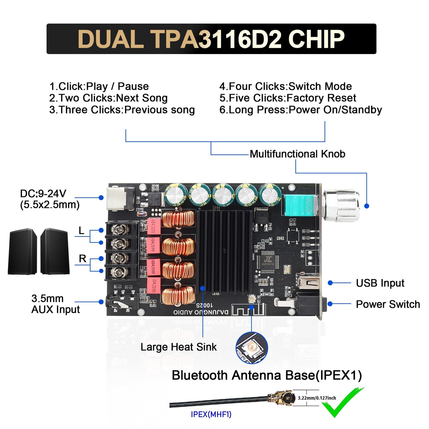 1002S 2.0 Channel Bluetooth Amplifier Board with Dual TPA3116D2 Chips, 100W+100W Amp Board Bluetooth/USB/3.5mm AUX Input