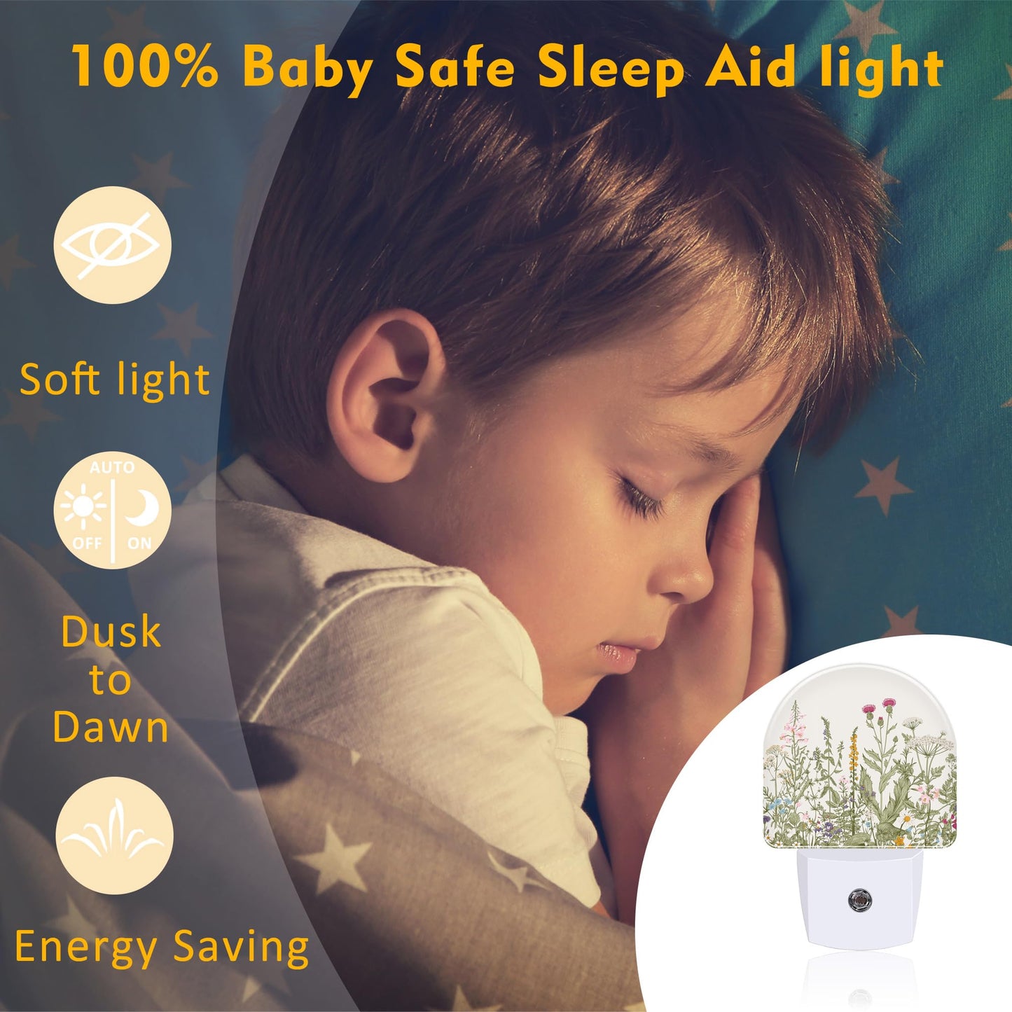 Herbs and Wild Flowers Night Light for Kids,Watercolor Green Botanical Floral Leaves Night Light Plug in with Dusk to Dawn Sensor,0.5w Energy Saving