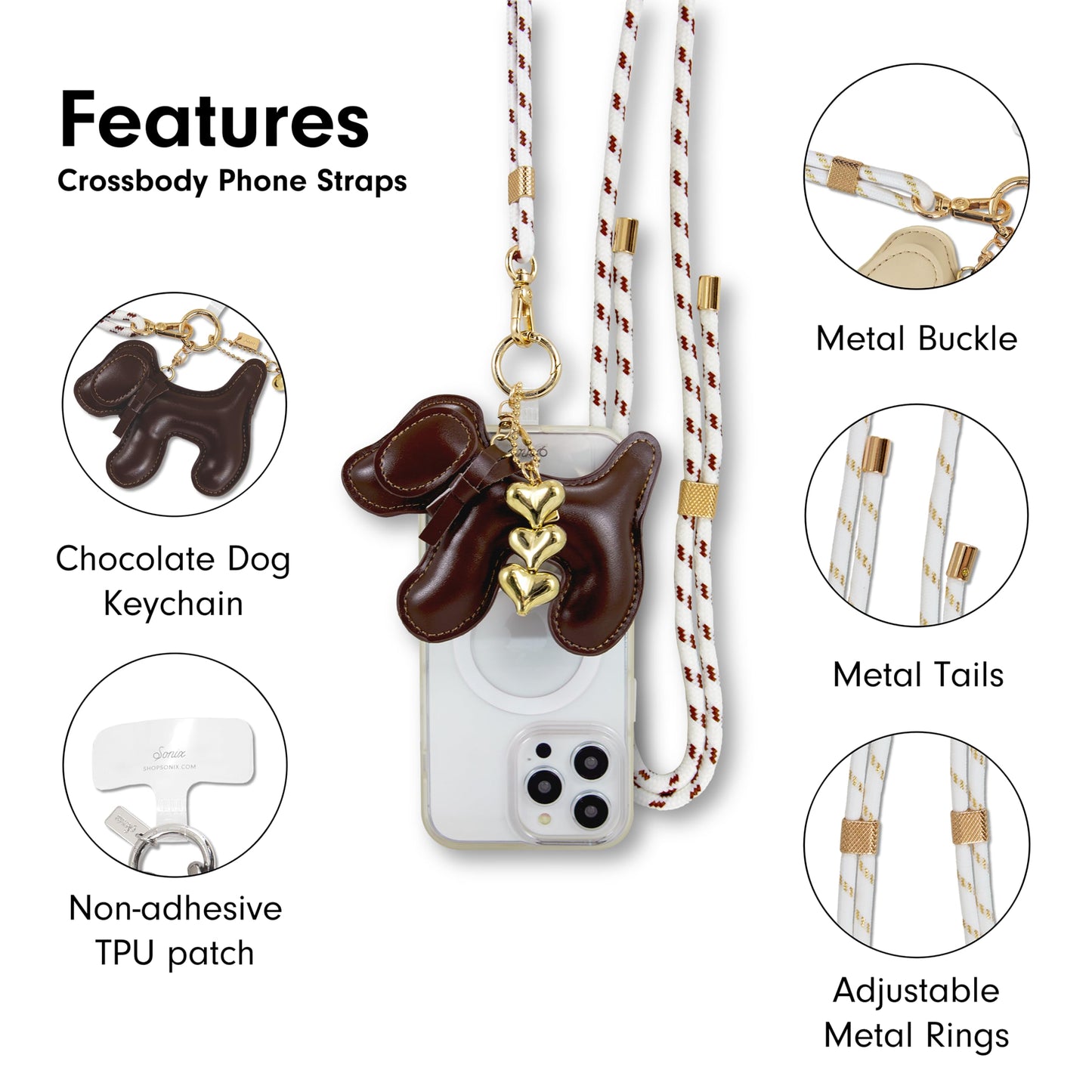 Sonix | Crossbody Phone Strap with Plush Animal Charm | Adjustable, Universal Cell Phone Rope Strap Lanyard | White Cord | Chocolate Dog