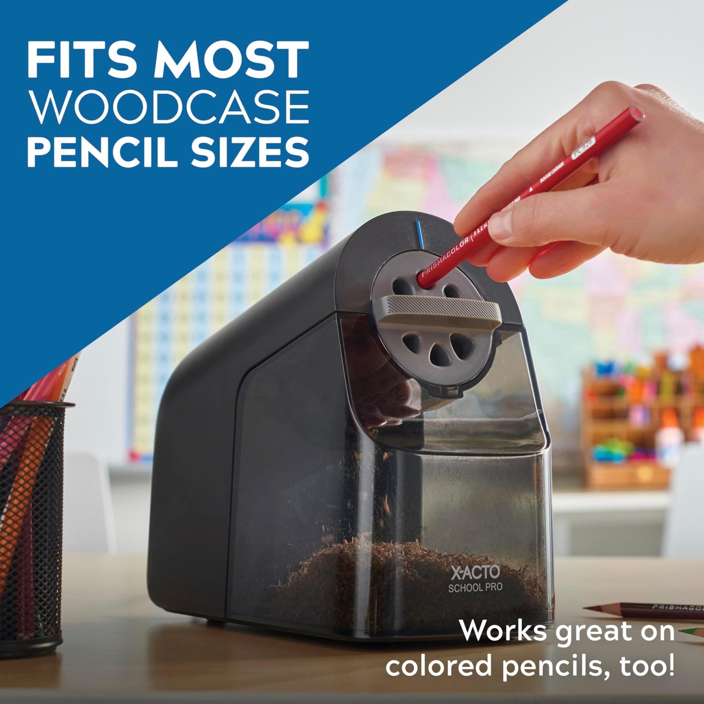 X-ACTO Pencil Sharpener, School Pro Electric Sharpener, Black, With Six Size Dial, XL Shavings Bin - Heavy Duty, Classroom Supplies