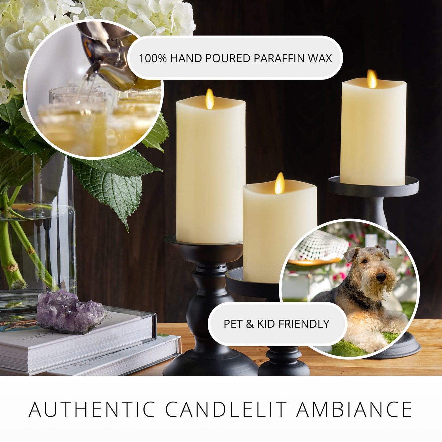 Luminara Realistic Flameless LED Set of 3 Ivory Pillar Candles, Home Safe Moving Flame Melted Top Illumination, Battery Operated Remote Control